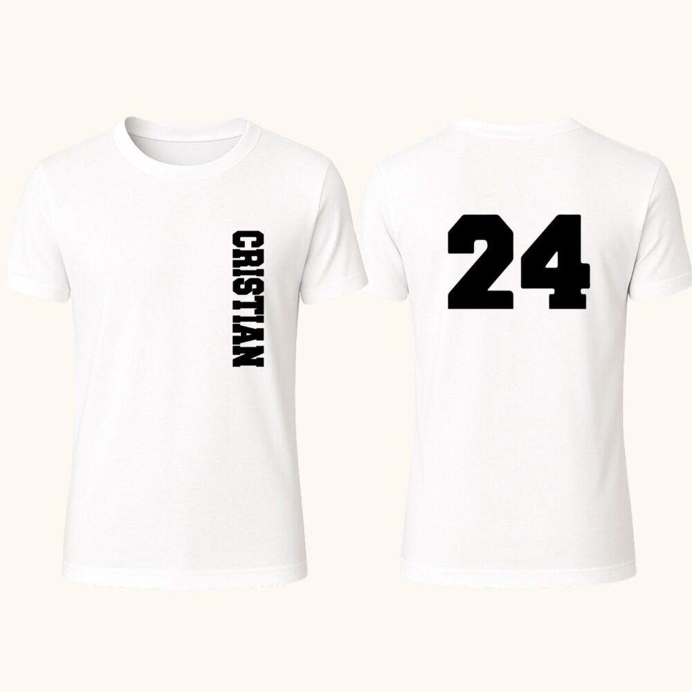 Tricou alb cu număr mare pe spate, personalizare număr pentru echipă sau aniversare