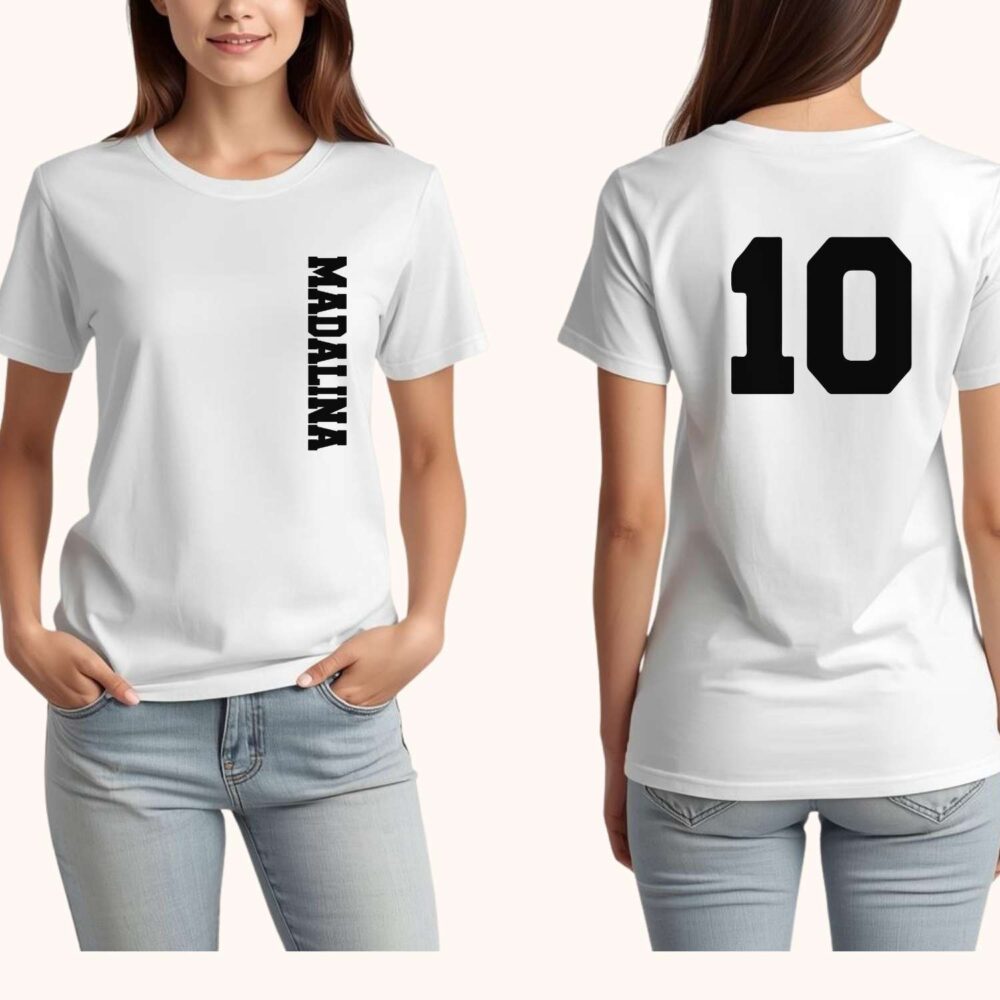 Tricou damă alb cu nume vertical pe față și număr mare pe spate, personalizat