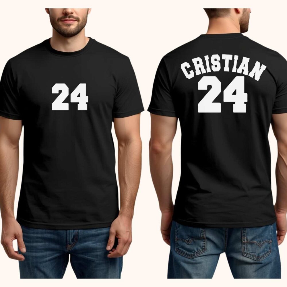 Tricou negru personalizat cu număr pe față și nume + număr pe spate, model jersey