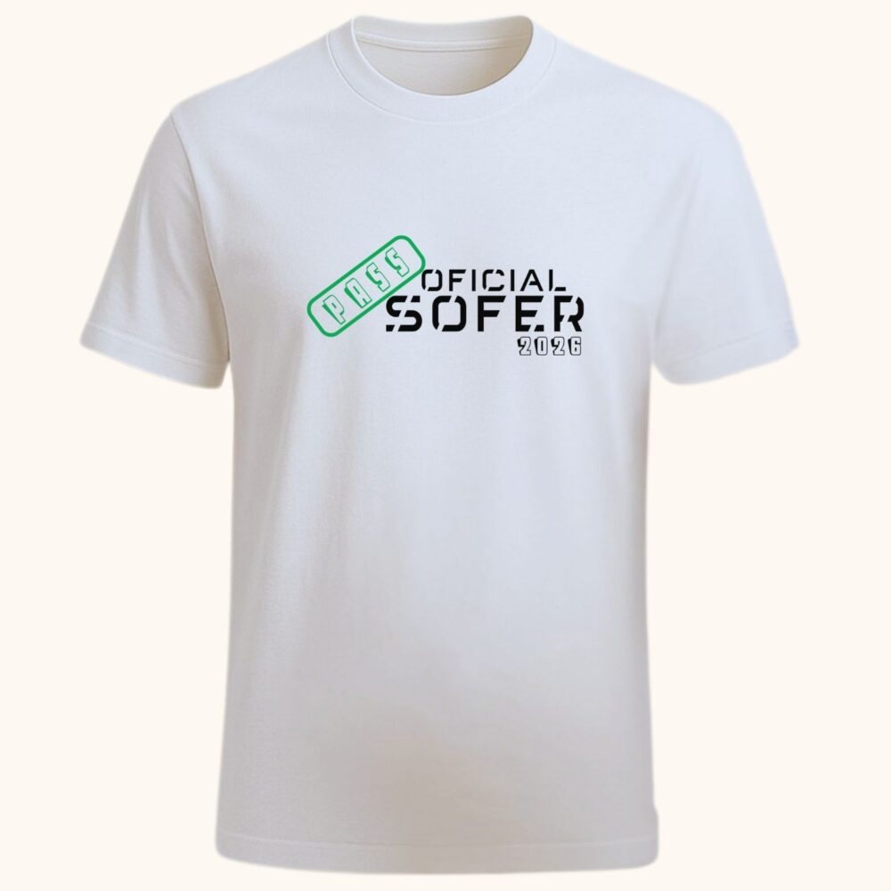 Tricou personalizat alb unisex „Oficial Șofer” – model minimalist pentru proaspăt cu permis