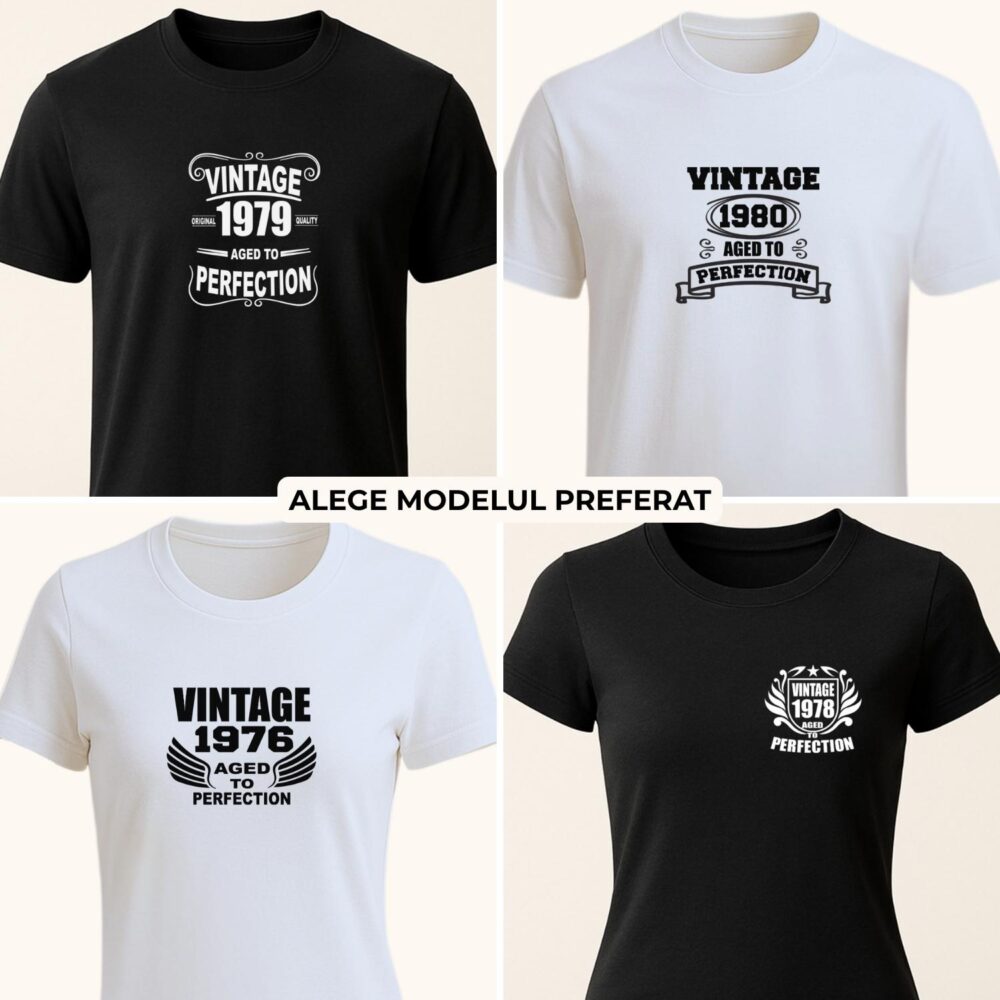 Colaj cu 4 modele de tricou aniversar unisex vintage, cu an personalizabil și mesaj Aged to Perfection