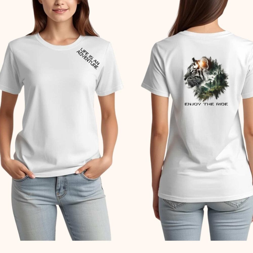 Tricou personalizat femei, model Life is an Adventure, față și spate, cadou zi de naștere – CadouriCreative.ro