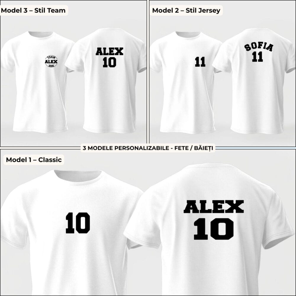 Tricou sport copii cu nume si numar personalizat, 3 modele fata-spate pentru fete si baieti