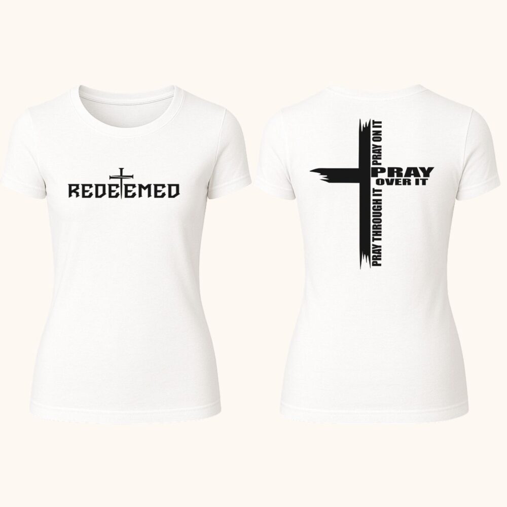 Tricou unisex alb cu mesaj inspirațional Redeemed, print față spate