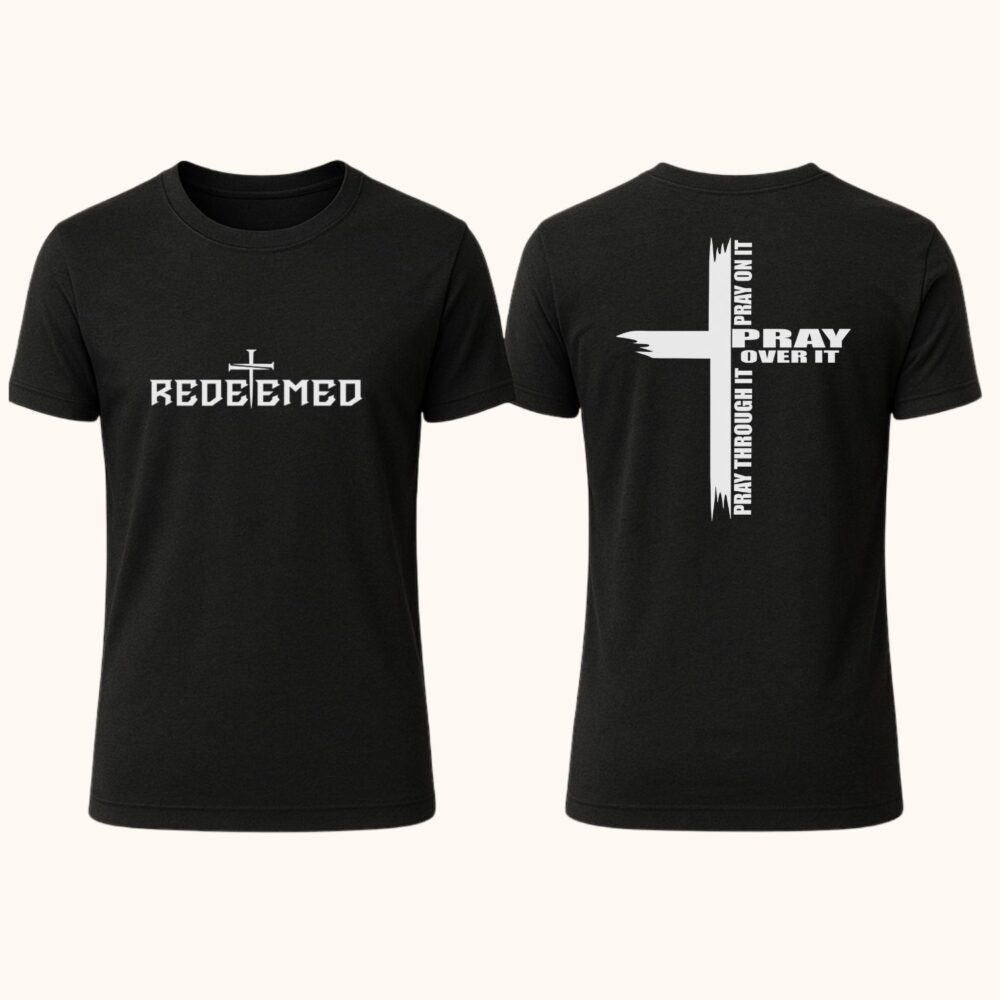 Tricou unisex negru cu mesaj puternic Redeemed, print față și spate