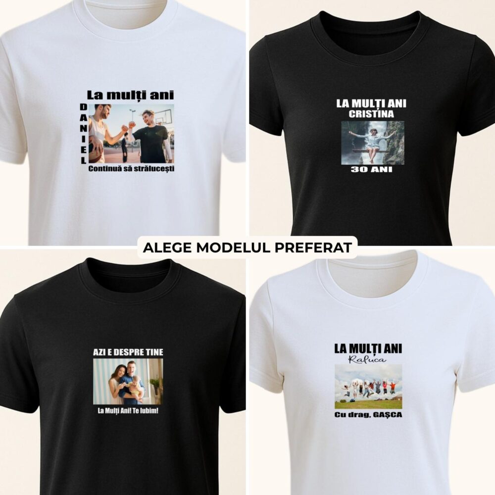 Colaj cu 4 modele de tricou personalizat de zi de naștere cu poză, nume și mesaj pentru femei și bărbați
