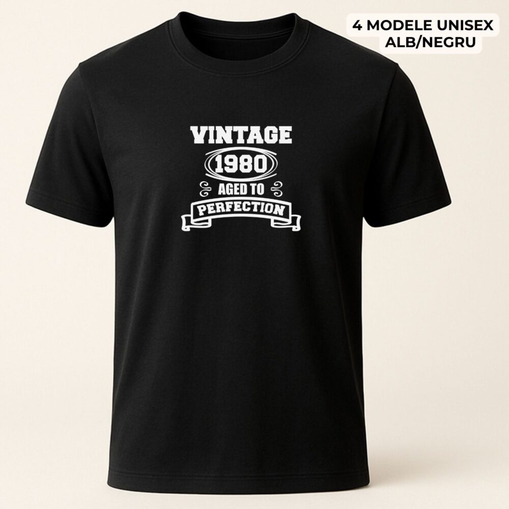 Tricou zi de naștere Vintage personalizat. Model cu an 1980 Aged to Perfection, variantă neagră flat, cadou premium de zi de naștere