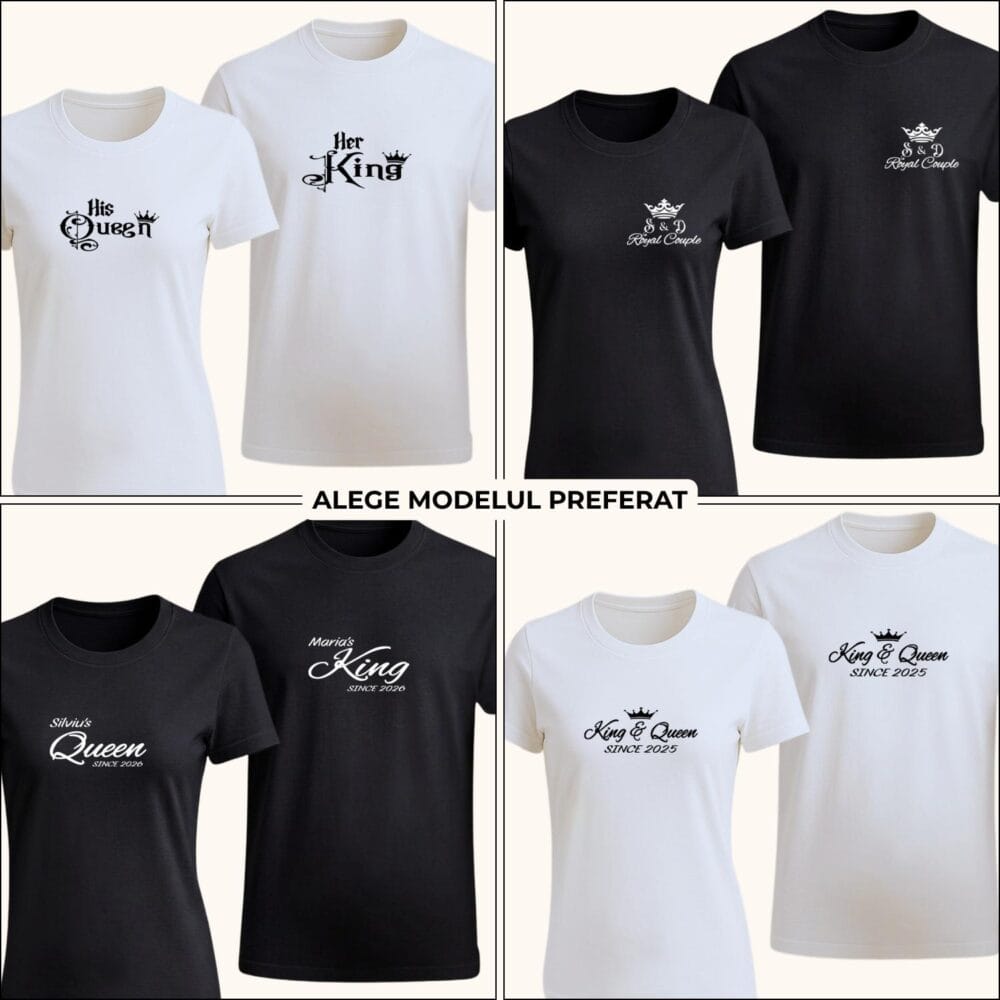 Tricouri cuplu King & Queen personalizate în 4 modele, alb și negru, cu nume, inițiale sau an