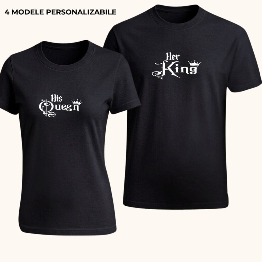Tricouri cuplu King Queen personalizate negre, model Her King și His Queen, cadou romantic pentru iubit și iubită