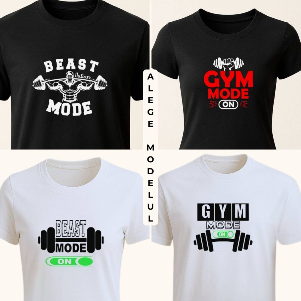 Tricouri gym personalizate unisex – 4 modele Beast Mode și Gym Mode On, colaj overview. Alege modelul preferat