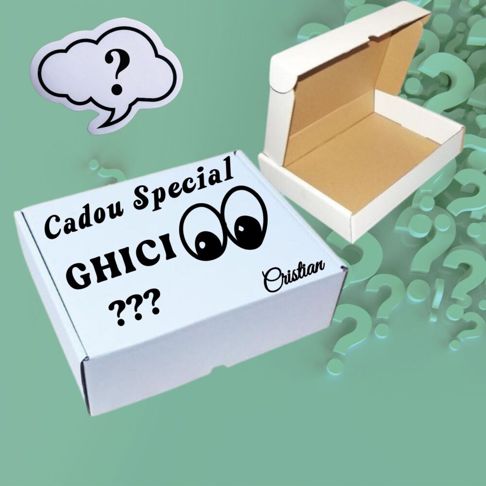 Cutie cadou personalizată tip surpriză cu mesaj misterios „Ghici ce e înăuntru”