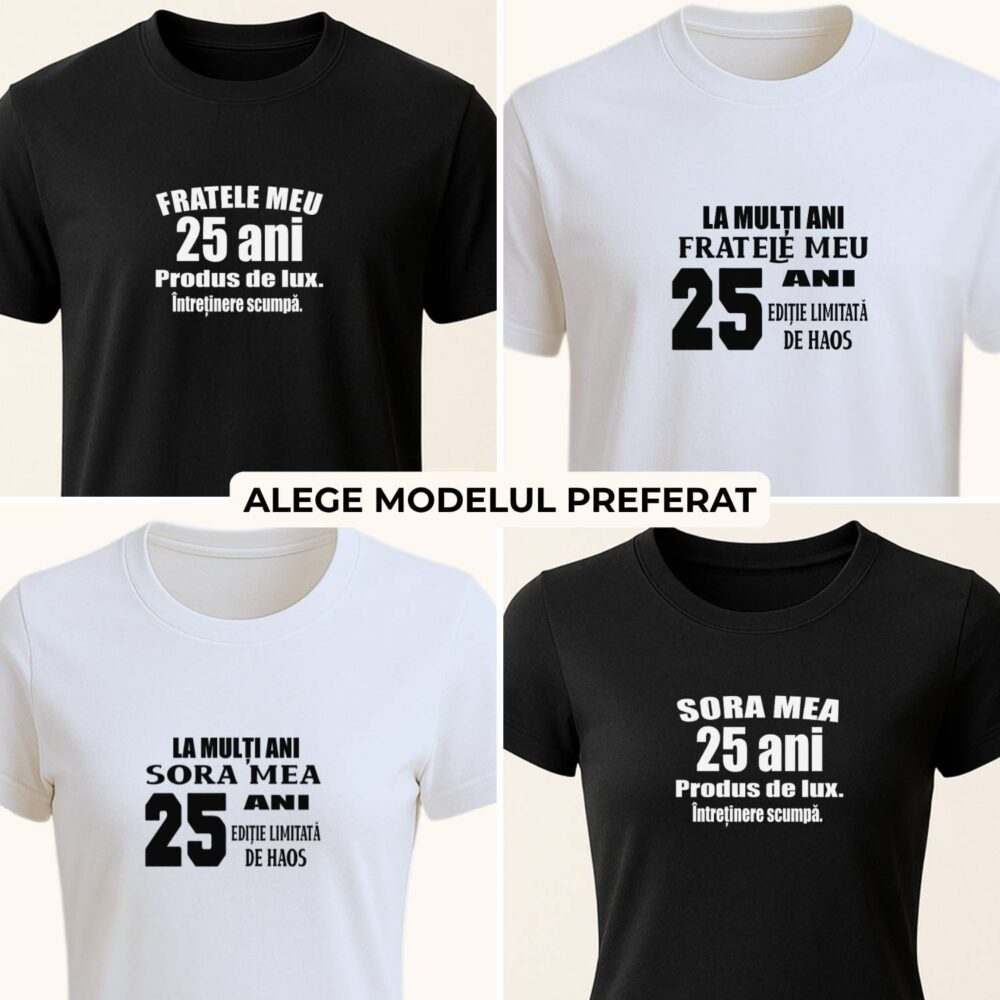 Colaj cu 4 modele de tricou aniversar pentru frate și soră, cadou funny personalizat cu vârstă