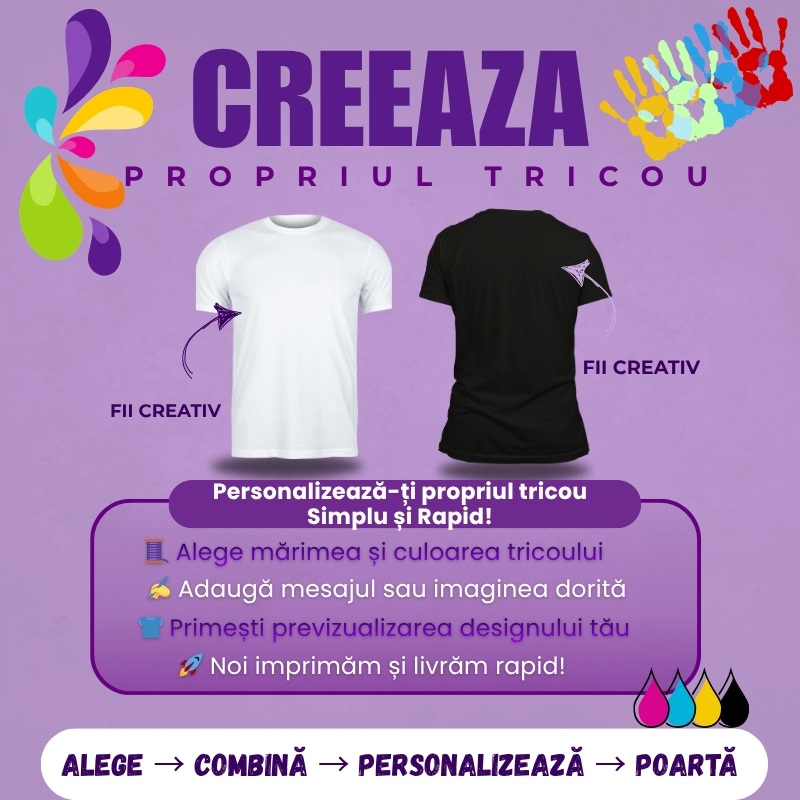 Creeaza-ti propriul tricou Creeaza-ti propriul tricou personalizat. Alege model, incarca grafica, scrie-ti propriul text, si personalizeaza tricoul asa cum il vrei