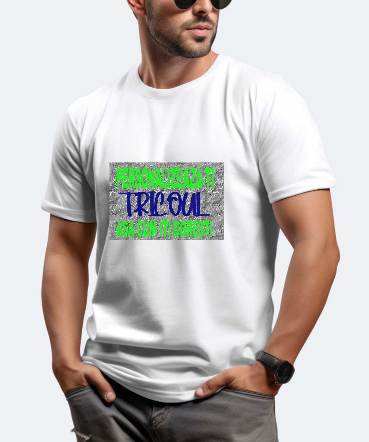 Tricou-personalizat-cu-mesaj-si-grafica-proprie-1 Creeaza-ti propriul tricou personalizat. Model care poarta Tricou alb personalizabil cu propriul mesaj, grafica sau model. Creeaza-ti tricoul asa cum iti doresti