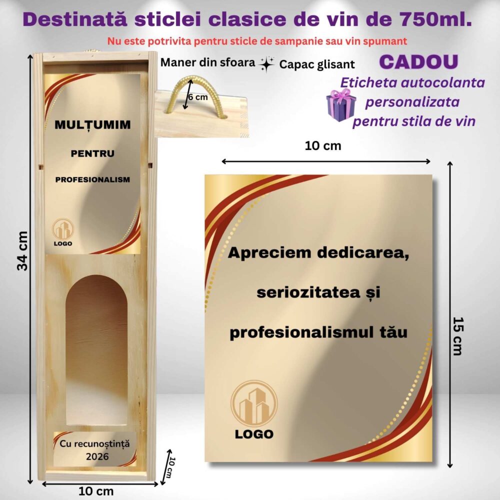 Dimensiuni cutie de vin personalizată pentru apreciere corporate, potrivită pentru sticlă clasică de 750 ml, cu etichetă bonus
