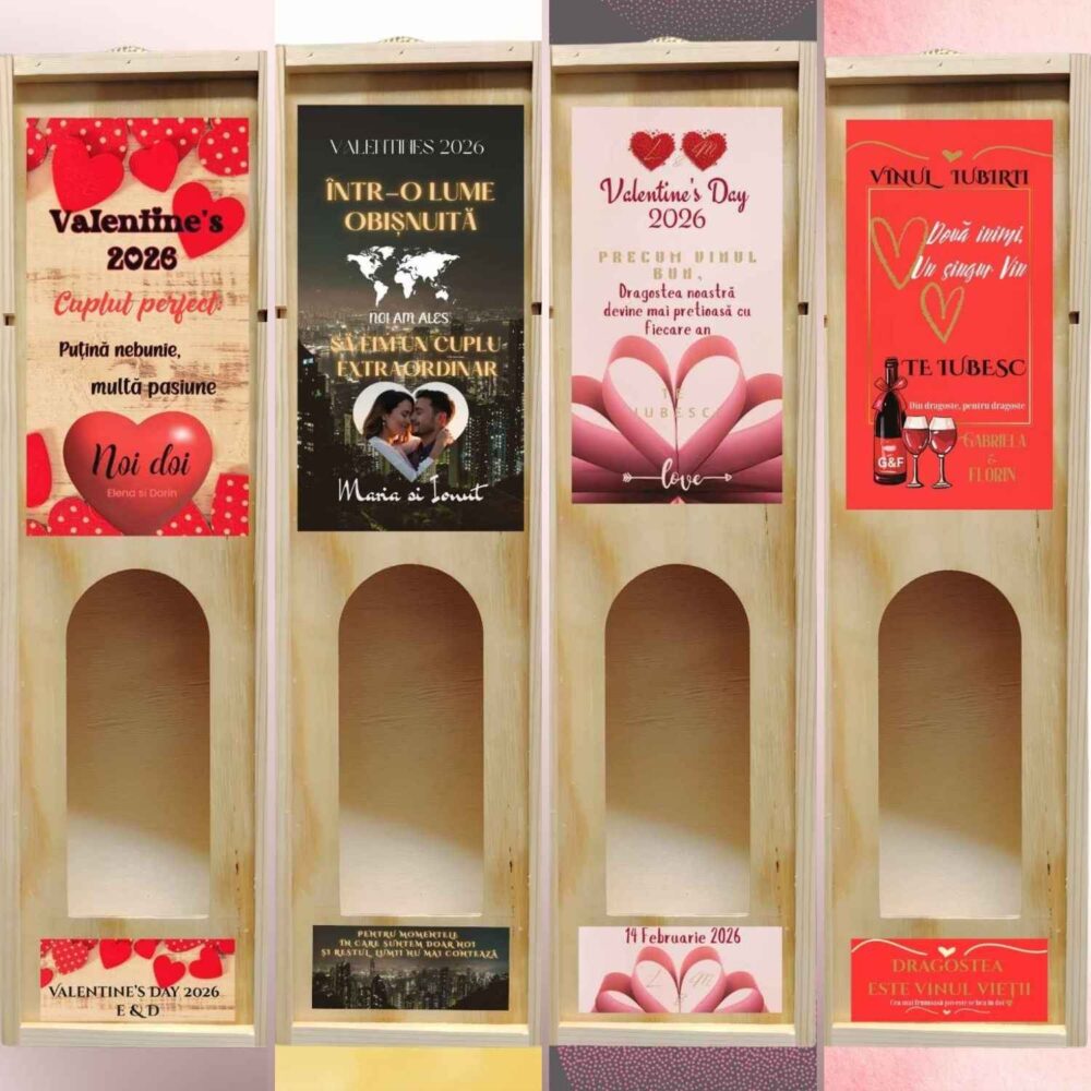 Cutie vin personalizată din lemn – modele romantice pentru cupluri de Valentine și Dragobete