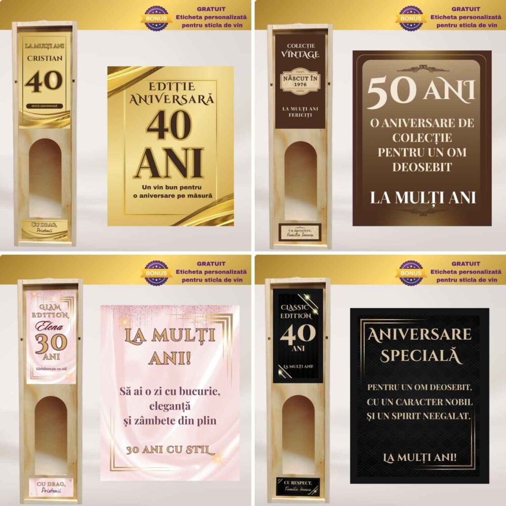 Colaj comparativ cu modelele de cutie de vin personalizată pentru zi de naștere: Gold, Vintage, Glam și Black Label