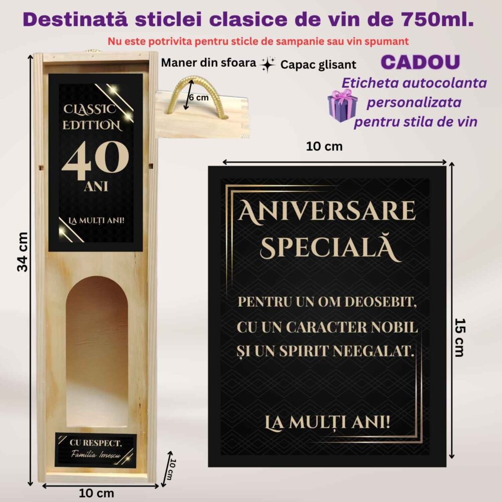 Dimensiuni cutie de vin personalizată pentru zi de naștere, pentru sticlă clasică de 750 ml, cu etichetă bonus personalizată