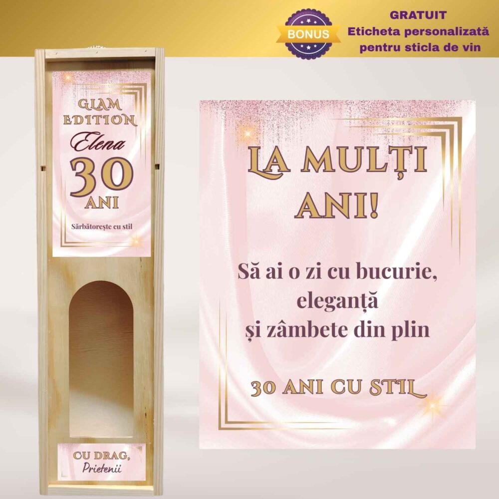 Cutie vin personalizată pentru zi de naștere, model Glam Rose Gold, cadou elegant pentru ea cu nume și vârstă