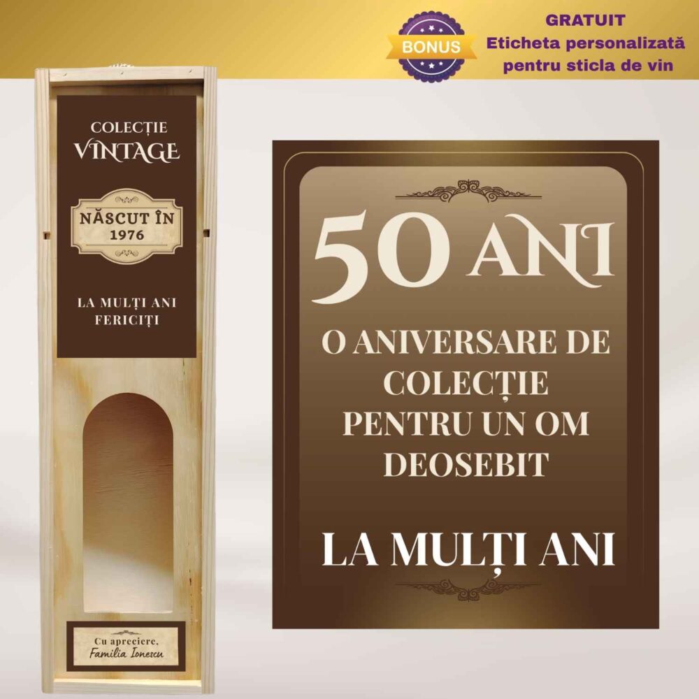 Cutie vin personalizată vintage pentru zi de naștere, cu anul nașterii, vârstă și mesaj personalizat