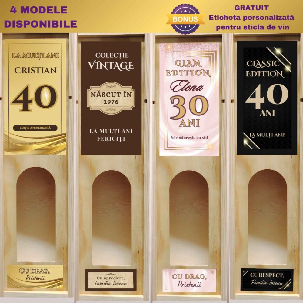 Cutie vin zi de naștere personalizată din lemn, 4 modele disponibile, cu etichetă bonus pentru sticla de vin