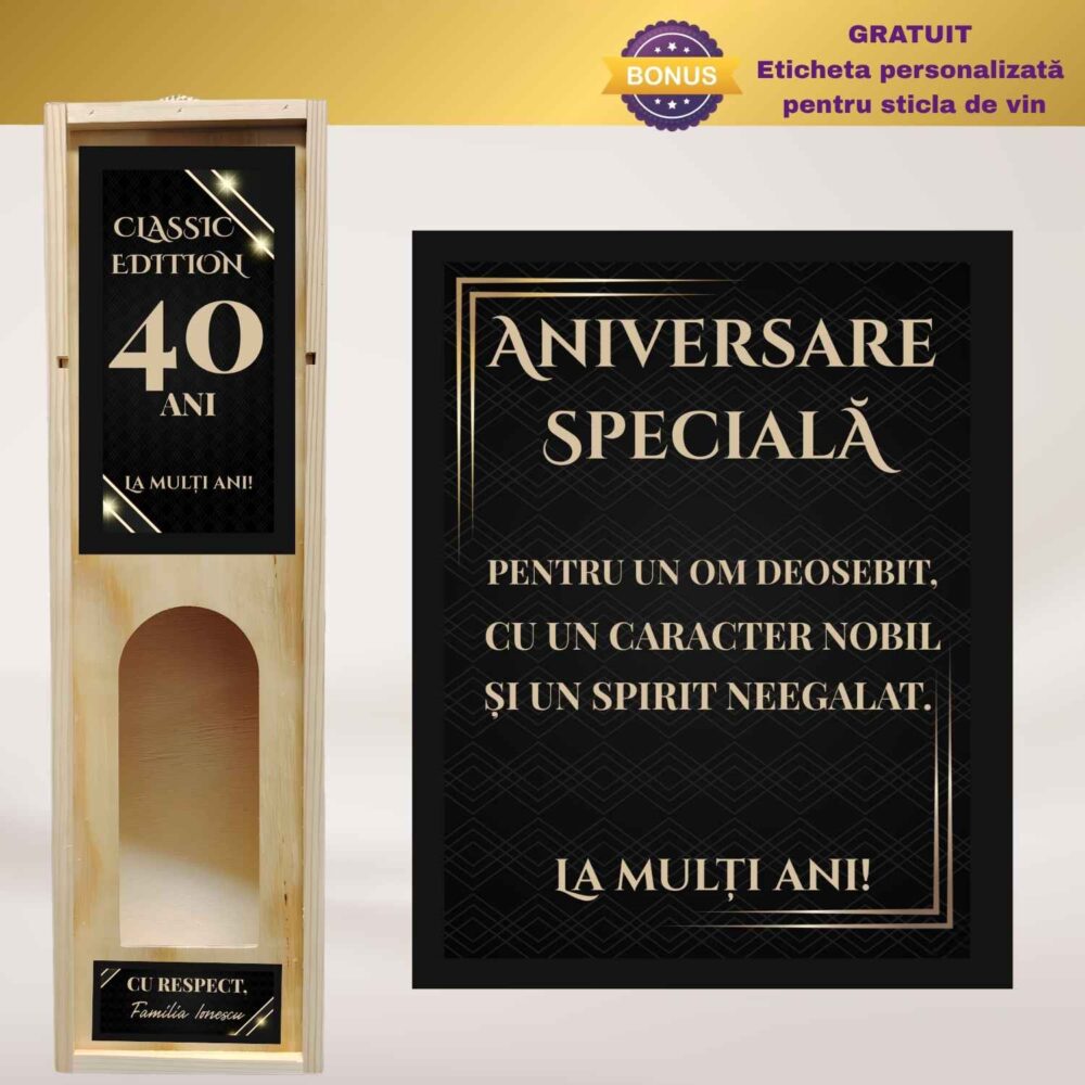 Cutie vin personalizată pentru zi de naștere, model Classic Premium Black Label, cadou elegant pentru el