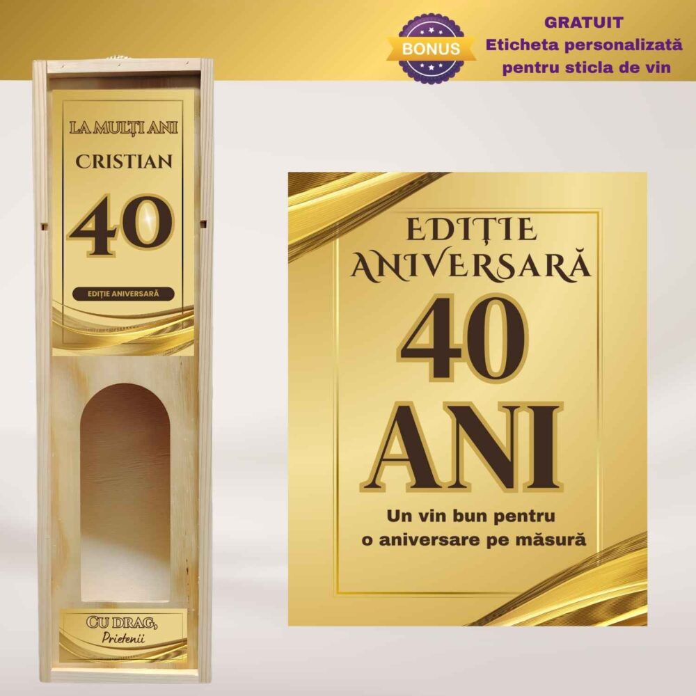 Cutie de vin personalizată pentru zi de naștere, model Ediție Aniversară Gold, cu nume, vârstă și etichetă bonus