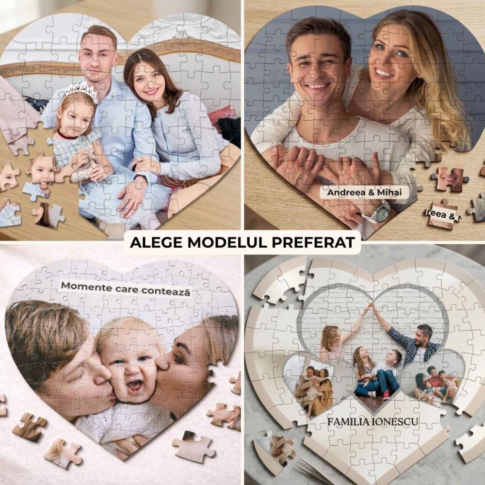 Puzzle personalizat în formă de inimă cu 4 modele disponibile: cu poză, cu nume, cu mesaj și colaj familie