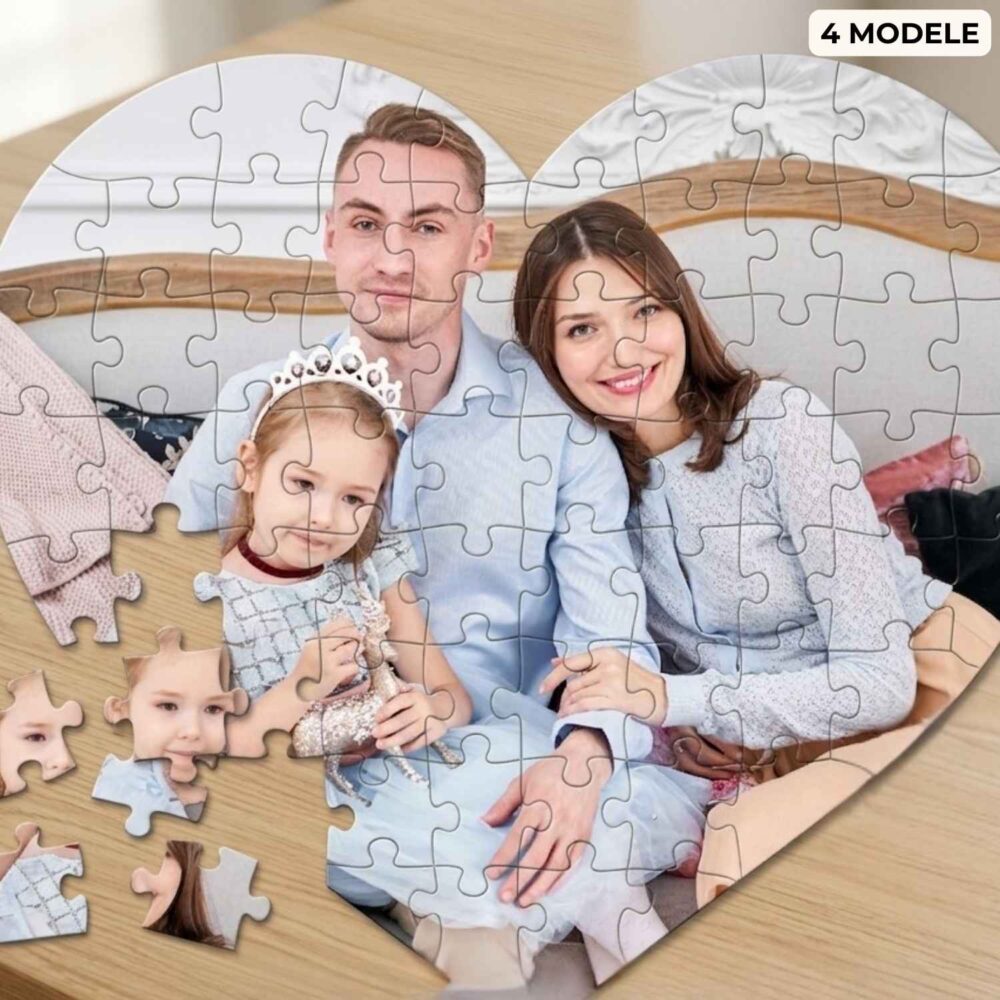 Puzzle inimă personalizat cu poză de familie, 50 piese, cadou personalizat cu fotografie pentru familie, aniversare sau amintiri dragi