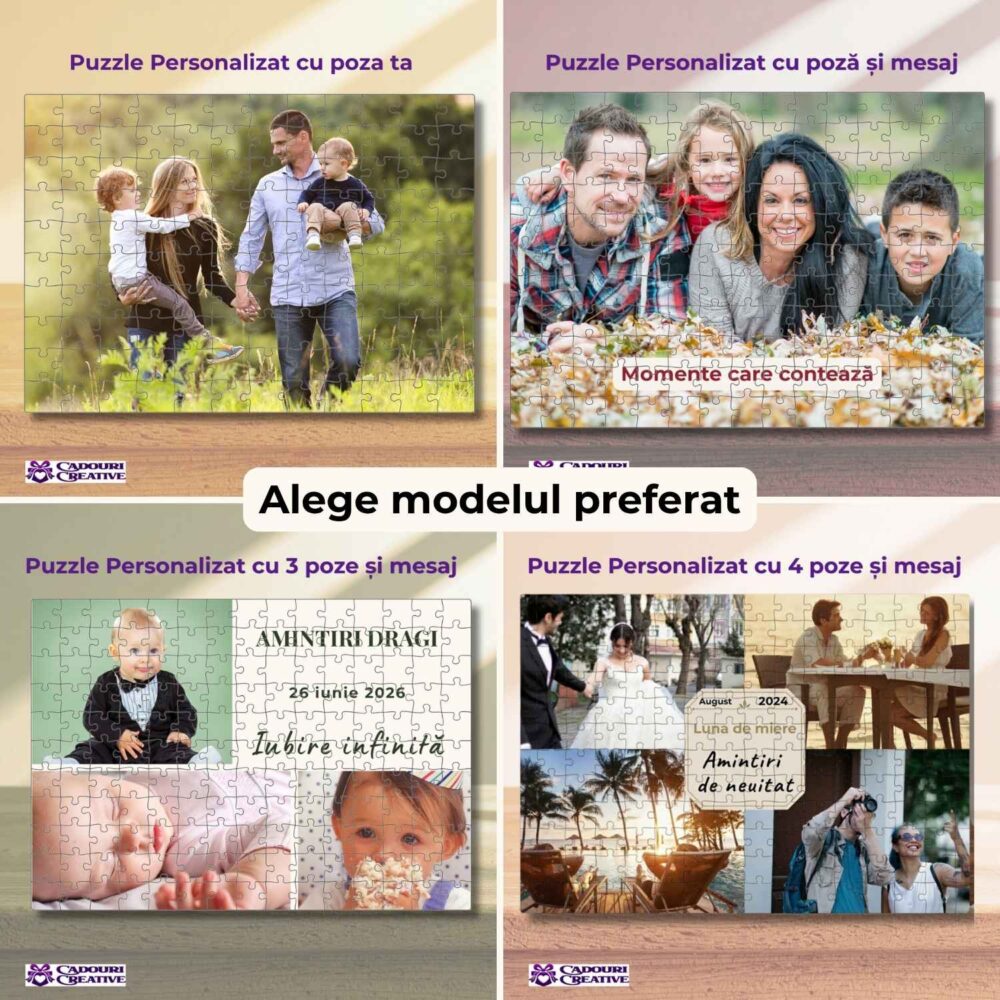 Puzzle personalizat A4 cu 4 modele disponibile: cu poză, cu poză și mesaj, cu 3 poze și mesaj, cu 4 poze și mesaj