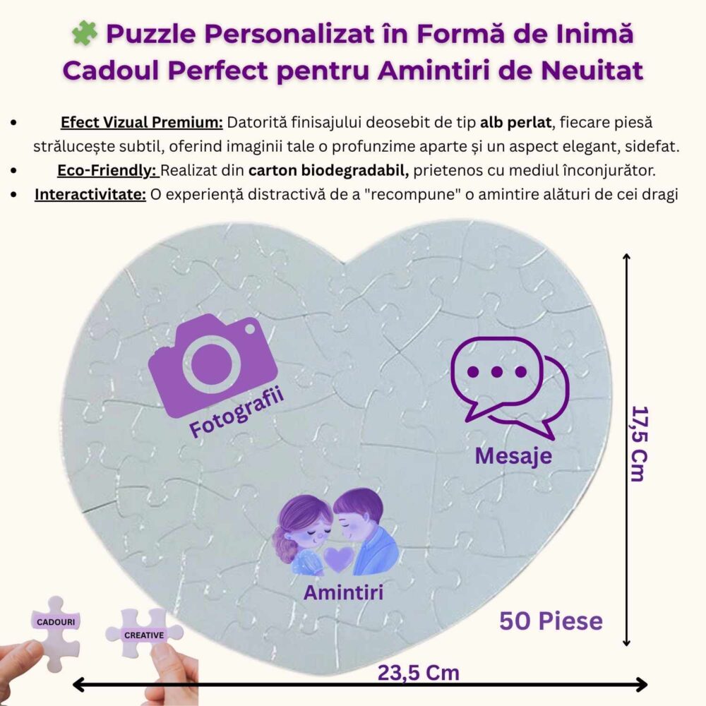 Puzzle inimă personalizat 50 piese, dimensiuni 23.5 x 17.5 cm, personalizare cu poză, nume sau mesaj