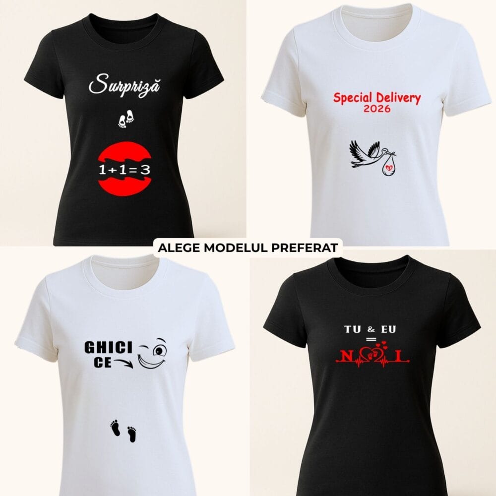 Tricou anunț sarcină personalizat cu 4 modele pentru viitoarea mămică, ideal pentru surpriză și poze