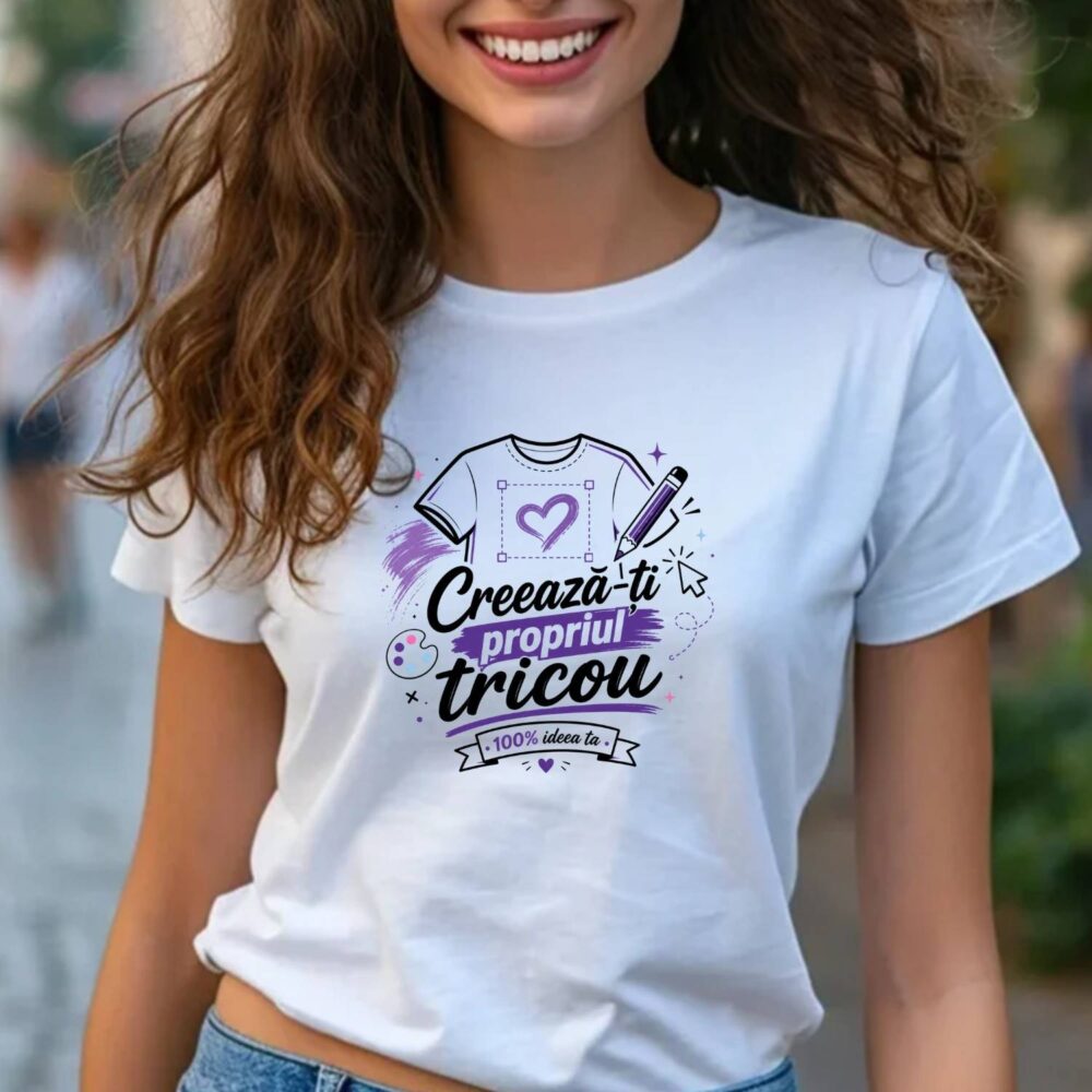 Model poarta tricou alb personalizat la comandă, cu text propiu, imagine, grafică sau mesaj la alegere. Tricou custom, personalizat online.