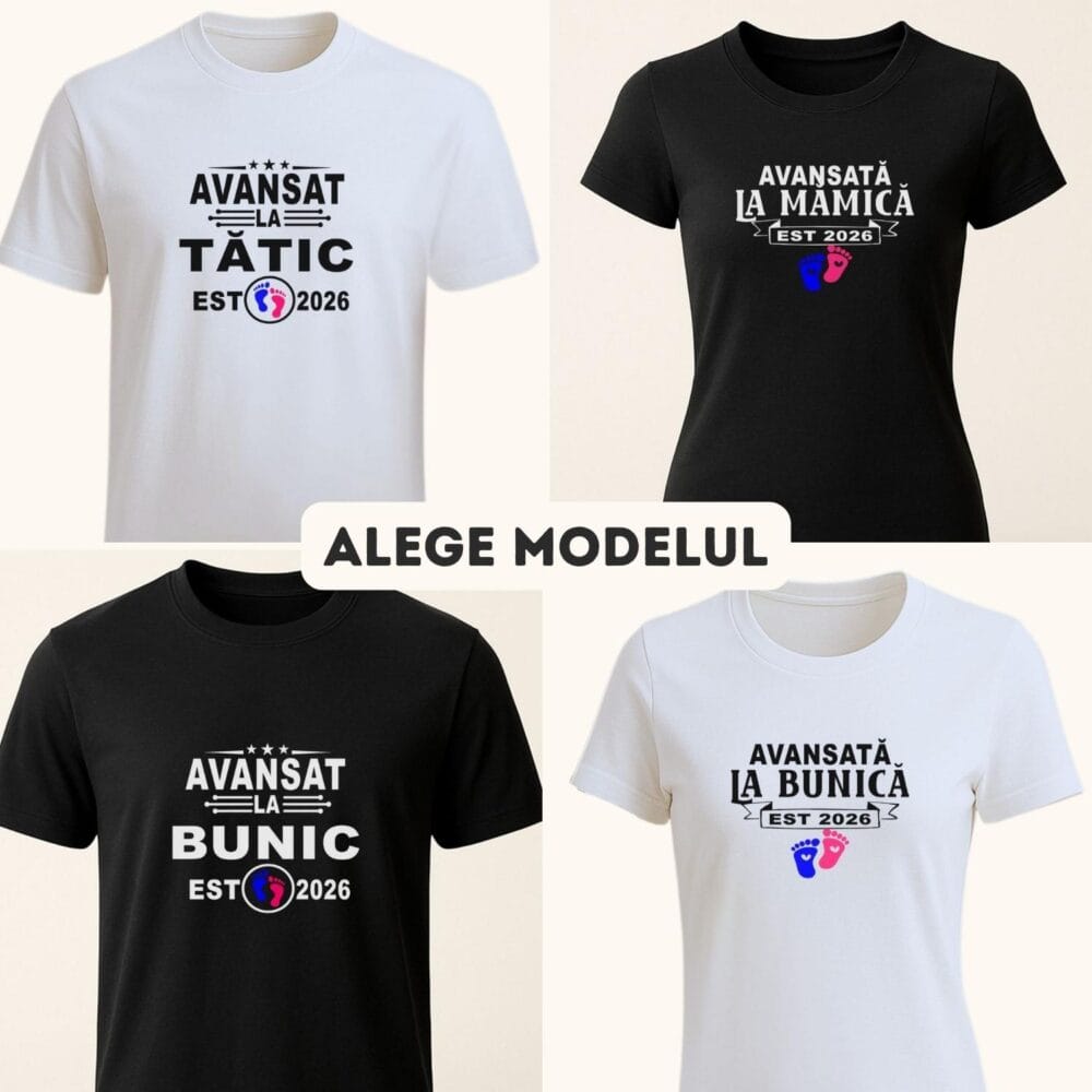 Tricou anunț sarcină personalizat Avansat la - Mamica /Tatic / Bunic / Bunica – alege modelul preferat - overview - alb-negru. Cadou unisex pentru anunțul sarcinii