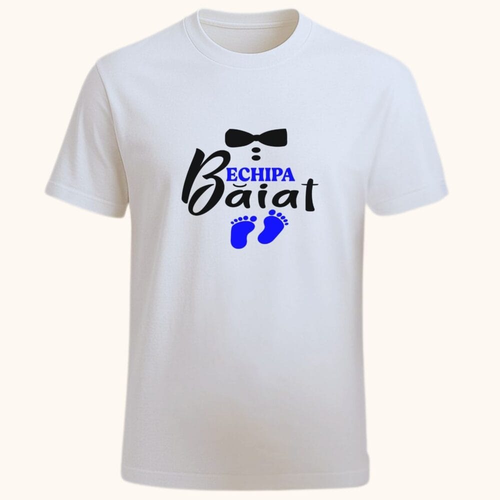 Tricou gender reveal personalizat alb – Echipa Baiat (tricou individual, unisex)