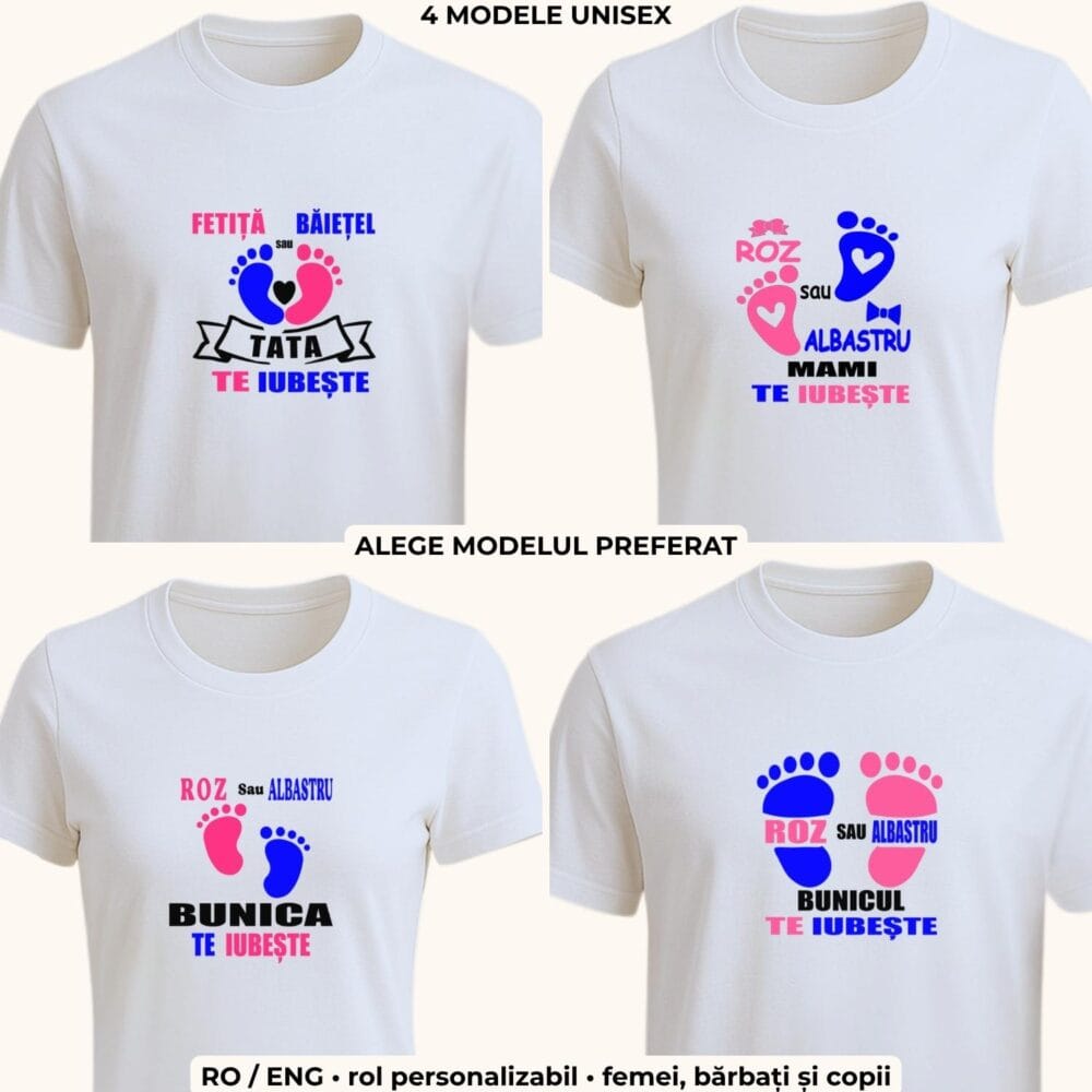 Tricou gender reveal personalizat cu 4 modele grafice Pink or Blue și Roz sau Albastru, pentru femei, bărbați și copii