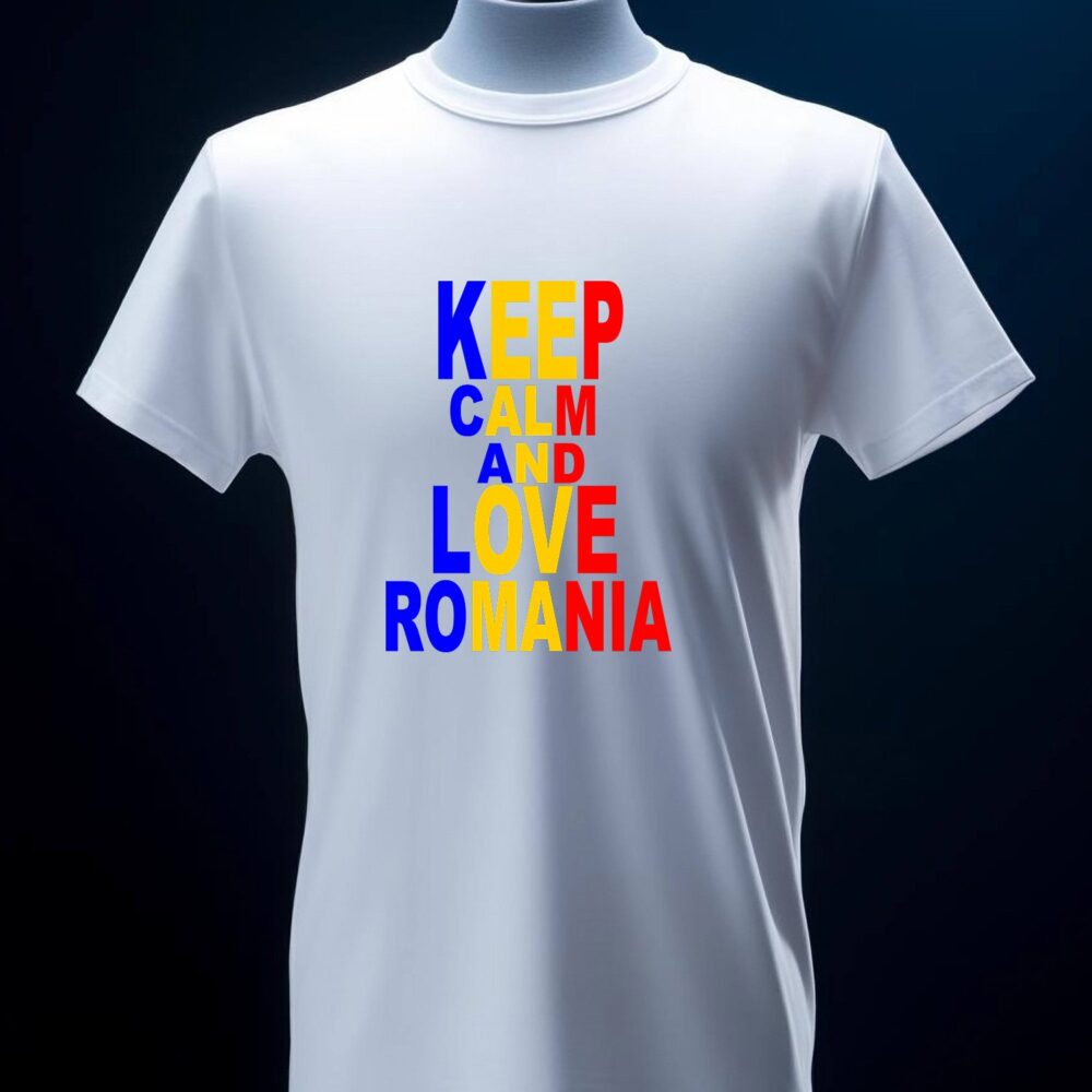 Tricou alb personalizat Keep Calm and Love Romania, expus pe manechin, mesaj clar in culorile tricolorului. Text personalizabil