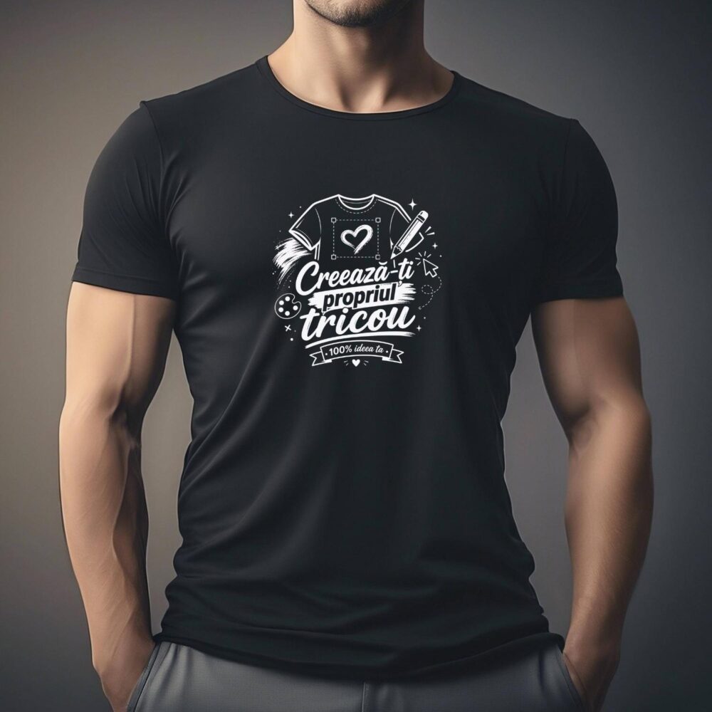 Model poarta tricou negru din bumbac, personalizat online dupa preferinte. Text, mesaj sau grafica proprie, personalizare custom la comandă.