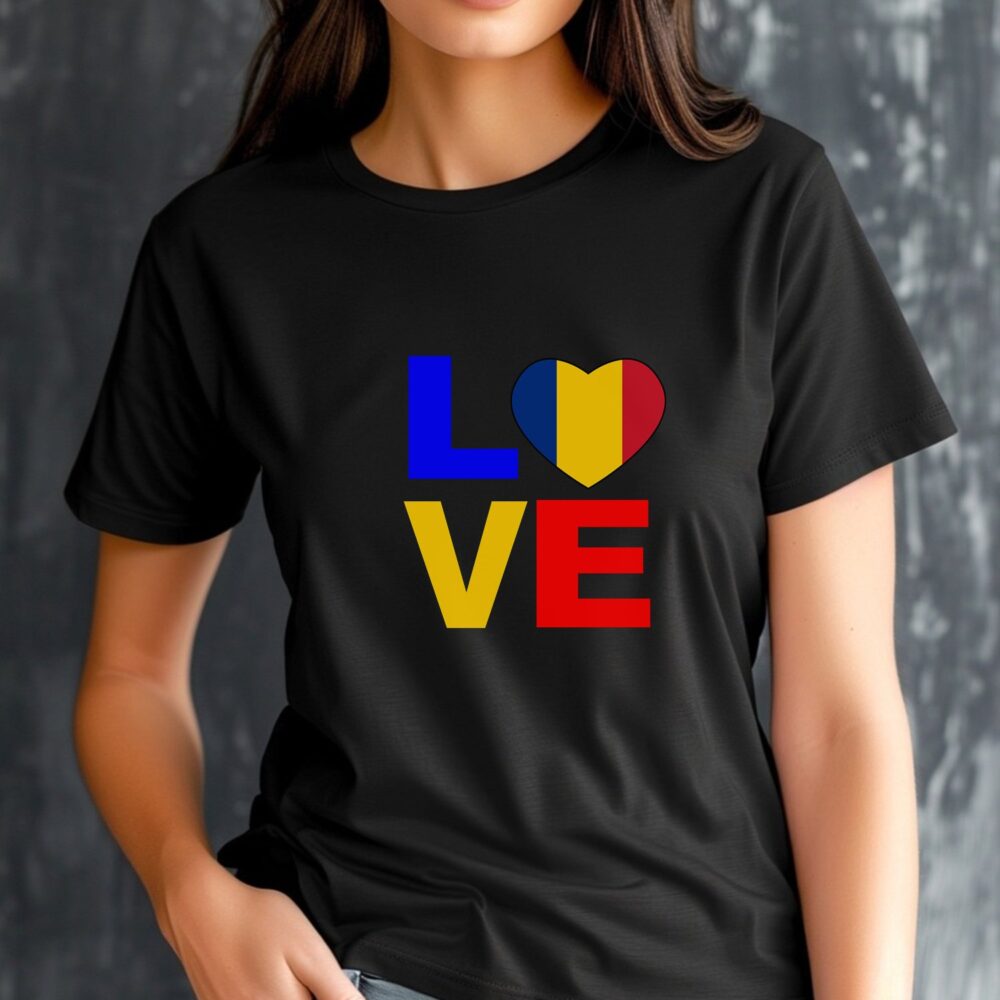 Femeie poarta tricou personalizat 1 Decembrie negru, vizibilitate detaliu text personalizabil pe tricou LOVE România, culori vii și vinil sublimat de calitate.