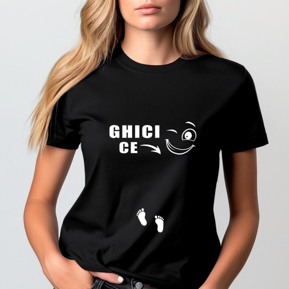 Tricou surpriză sarcină pentru femei, model Ghici ce, pe tricou negru, pentru anunțarea veștii într-un mod jucăuș