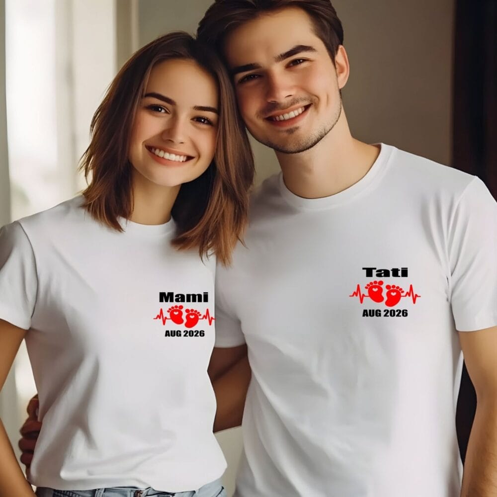 Tricouri cuplu Mami și Tati Heartbeat, model minimalist pe piept pentru anunț sarcină și viitori părinți