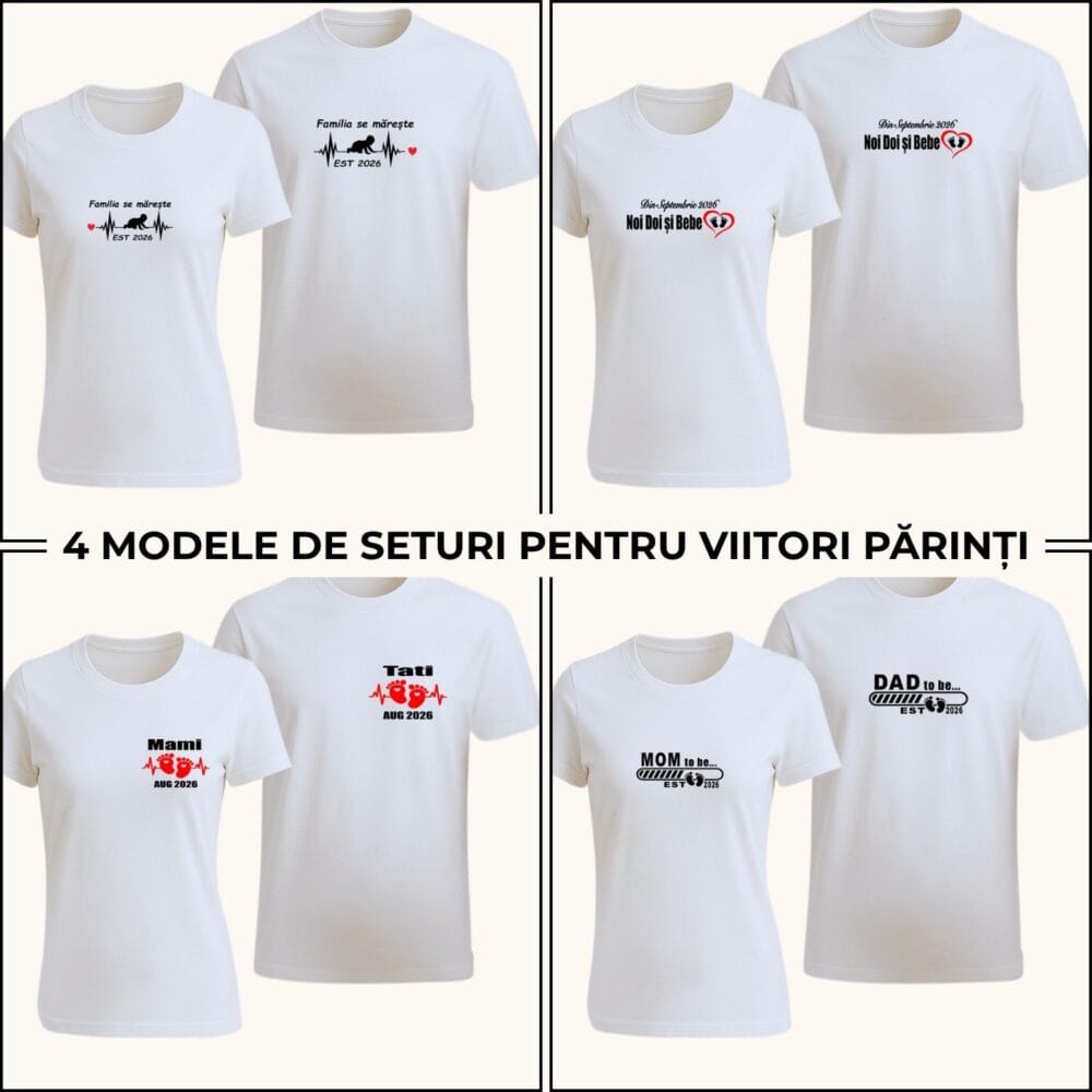 Tricouri cuplu viitori părinți, 4 modele personalizate pentru anunț sarcină și poze de familie