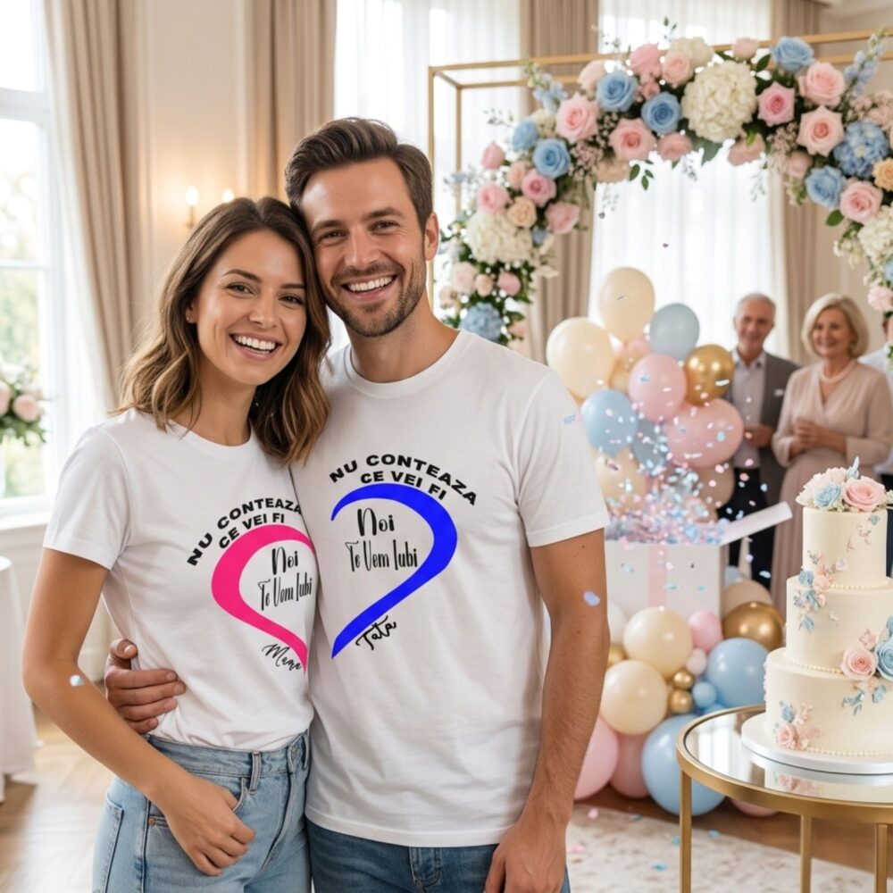 Tricouri gender reveal cuplu părinți - Noi te vom iubi, set personalizat cu semnatura mama și tata. Ideal pentru dezvăluirea genului bebelușului și petrecerea de baby shower