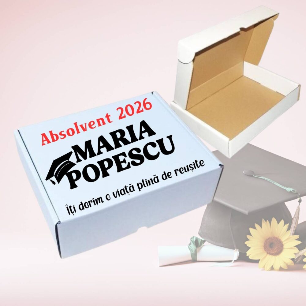 Cutie cadou personalizată pentru absolvire cu mesaj „Felicitări pentru Absolvire”