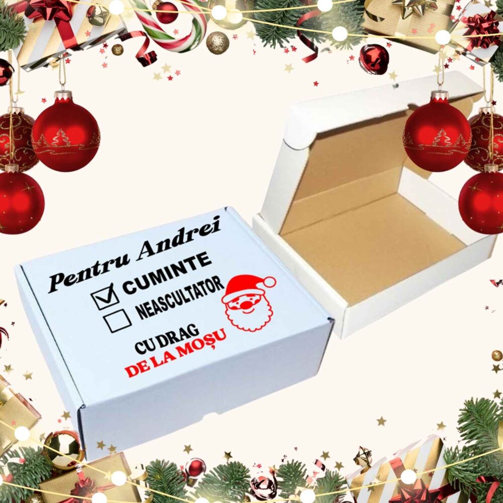Cutie cadou de Crăciun personalizată pentru copil, mesaj „Cu drag de la Moșu”