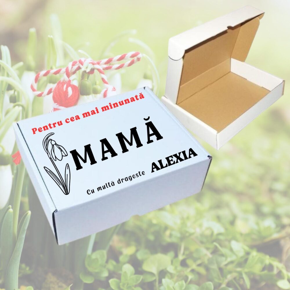 Cutie cadou personalizată 1 Martie, mesaj pentru mama, nume și vinil premium