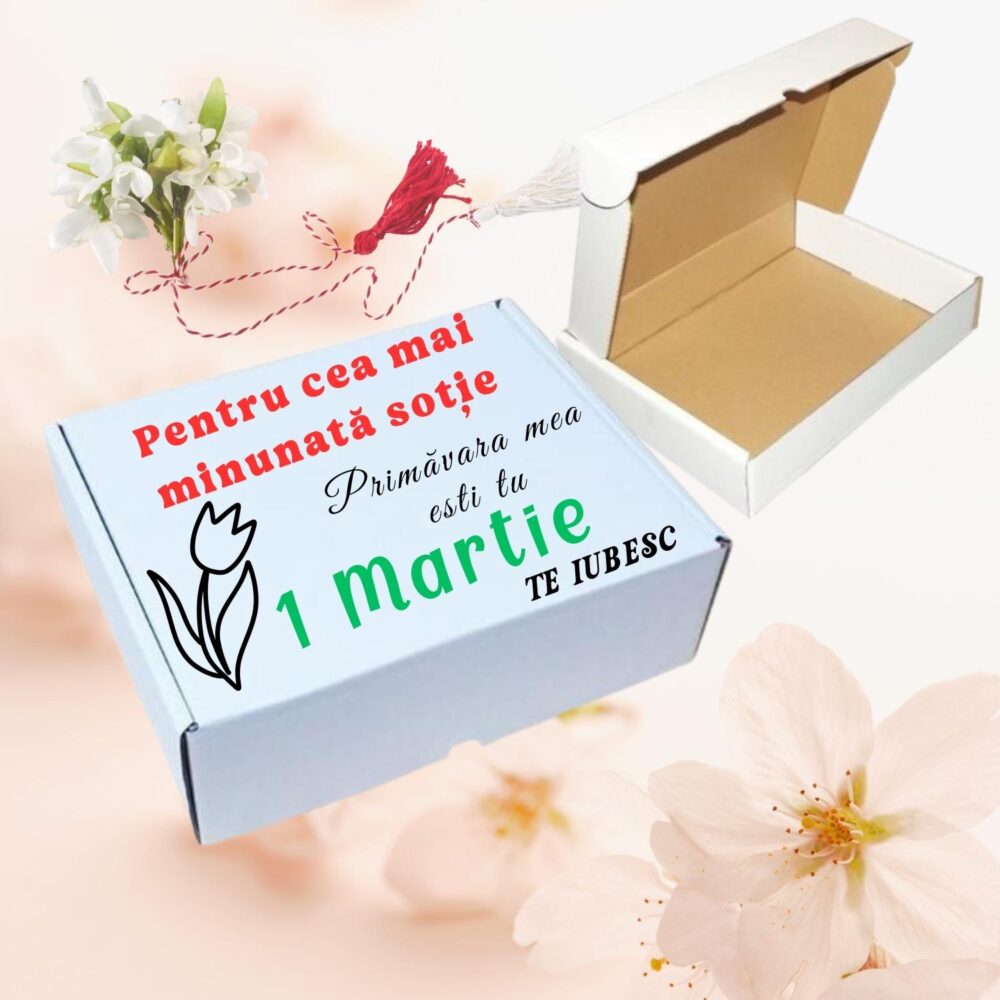 Cutie cadou personalizată 1 Martie pentru soție, mesaj de primăvară, vinil premium
