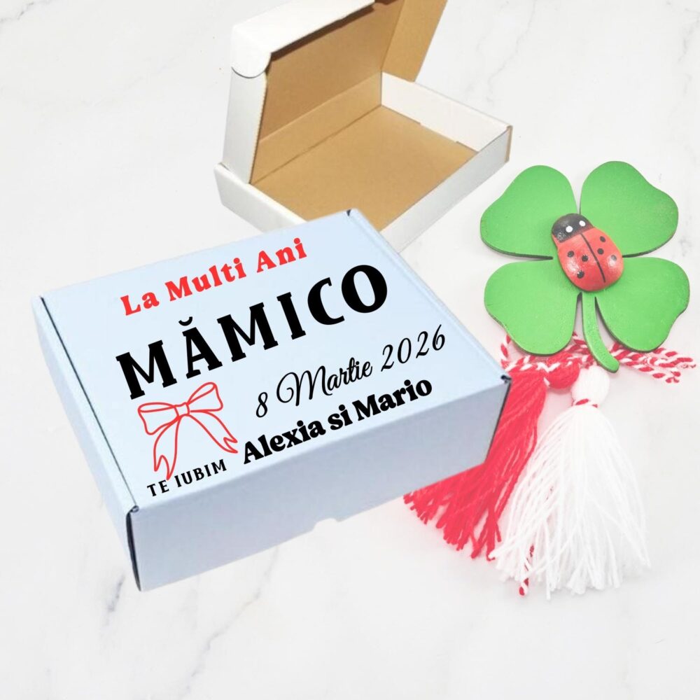 Cutie cadou personalizată pentru mămico de 8 Martie cu nume și dată, vinil premium