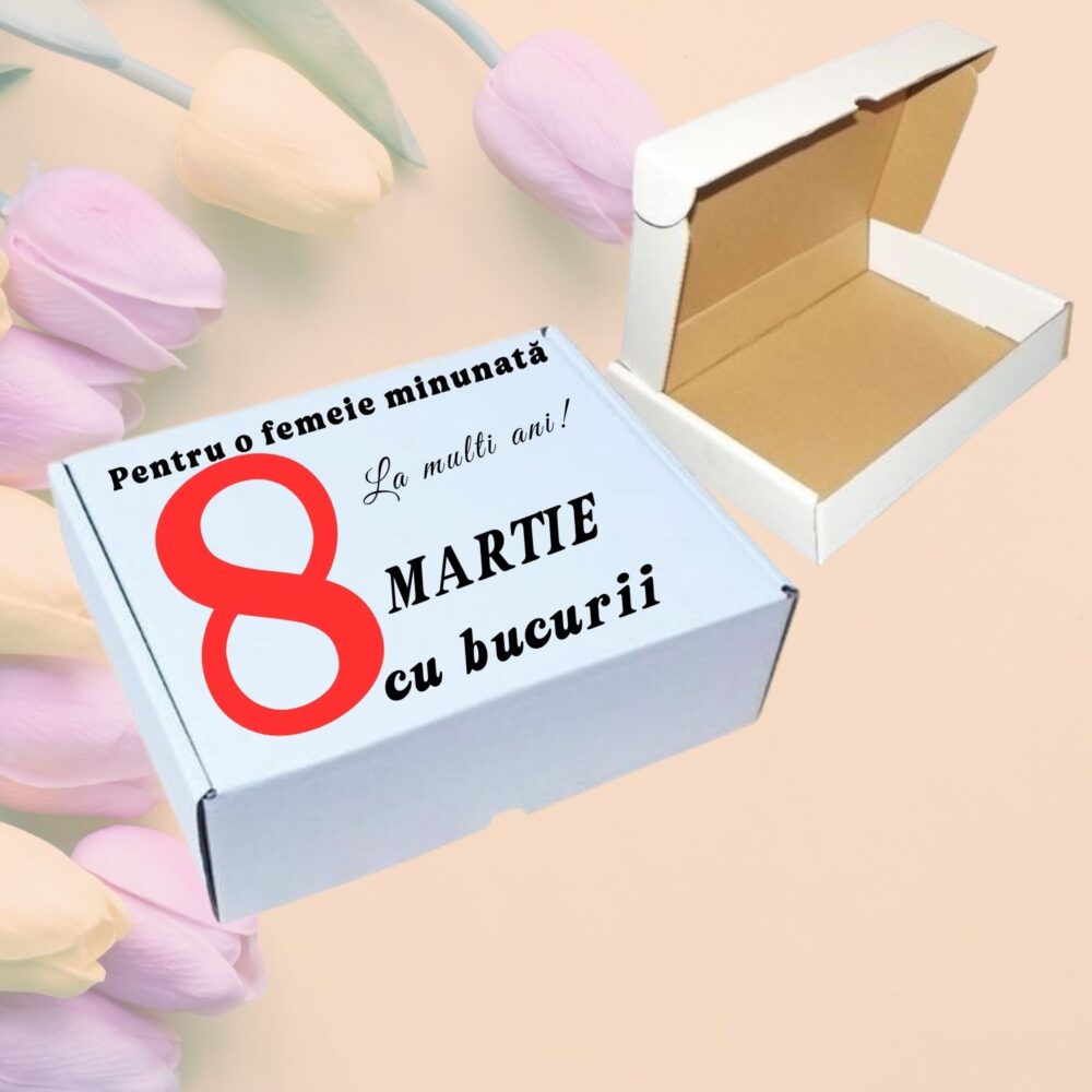 Cutie cadou personalizată 8 Martie, mesaj La mulți ani, vinil premium