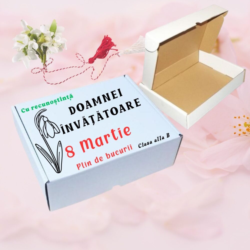 Cutie cadou personalizată 8 Martie pentru profesoară/învățătoare, cu recunoștință, vinil premium